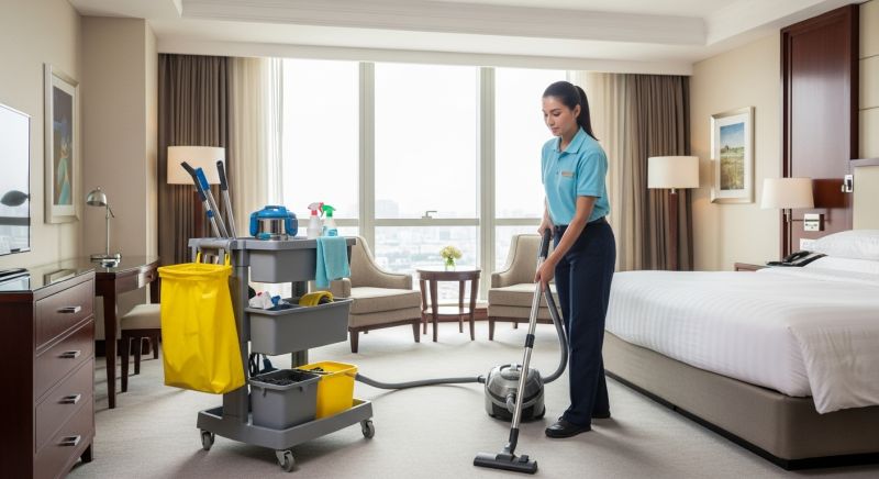 Mitarbeiterin reinigt ein Hotelzimmer mit professionellen Geräten